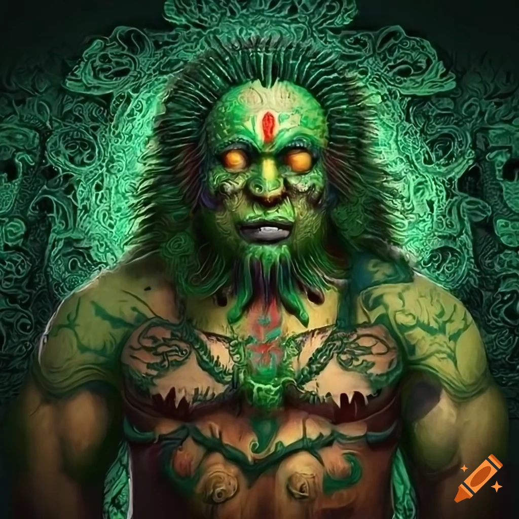Realistic portrait of a green-skinned human barbarian with ornate bear carvings on a totem pole