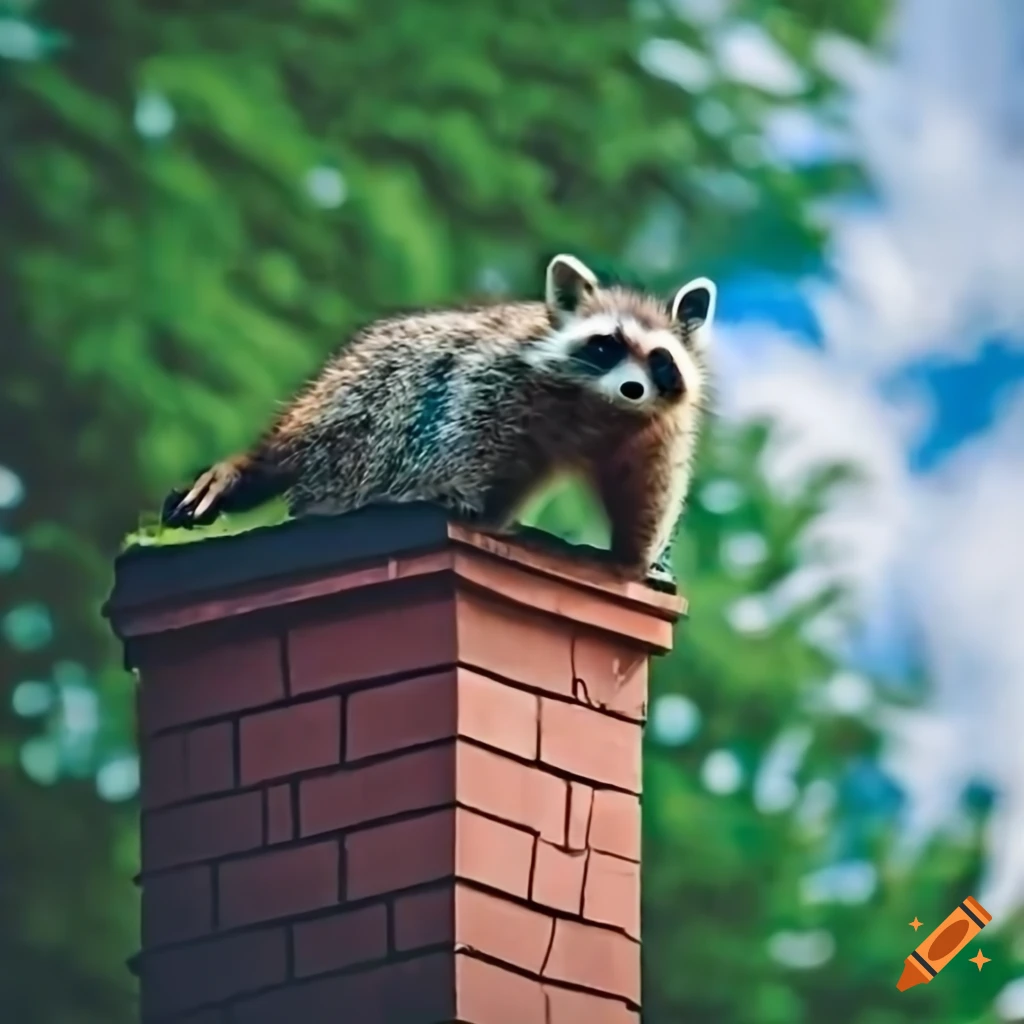 Happy racoon peeking out of a modern home chimney on a sunny day on Craiyon