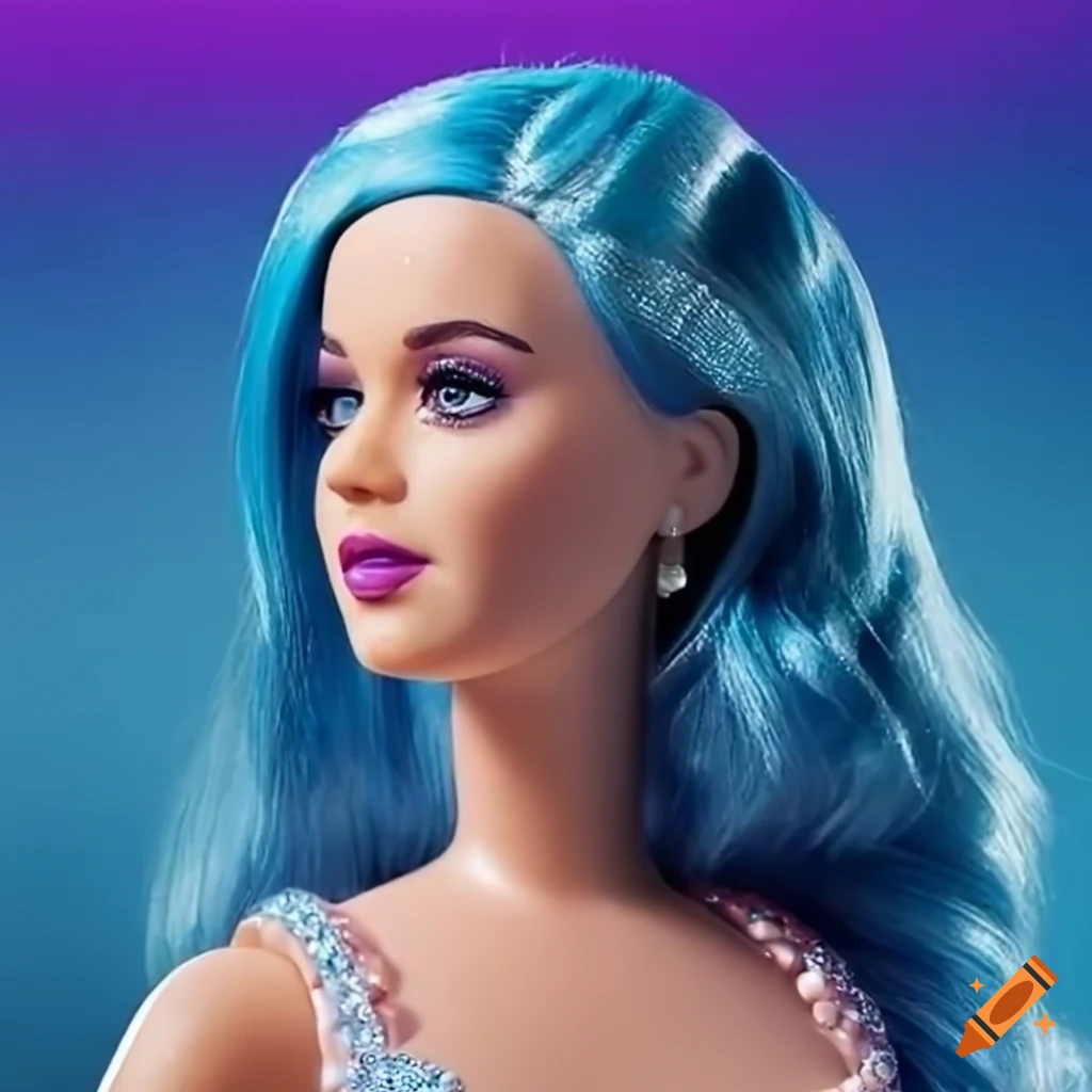 Katy Perry as barbie doll with blue dark hair in high quality 8k image