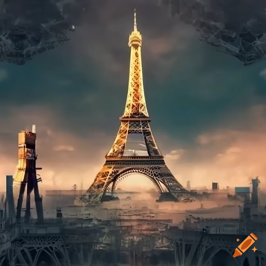 Post-apocalyptic world with government oversight and the Eiffel Tower in the background