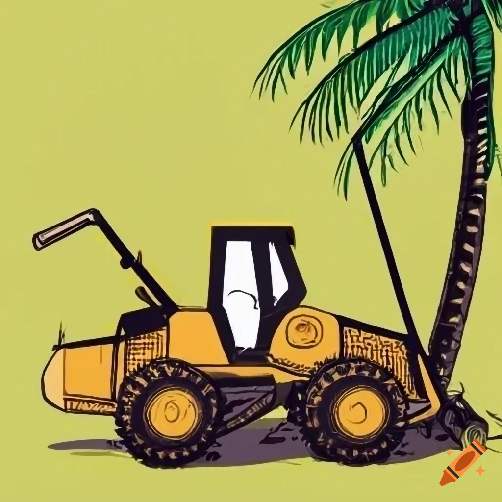 Bulldozer removing a palm tree in a tropical setting
