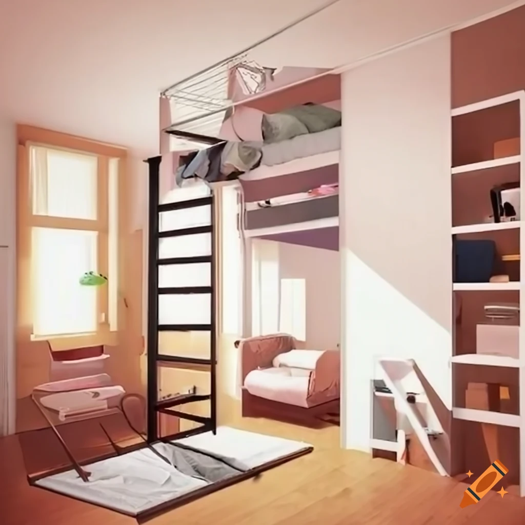 Student's room with high loft bed and long ladder