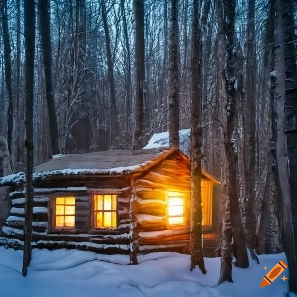 Dark log cabin in snowy woods during golden hour