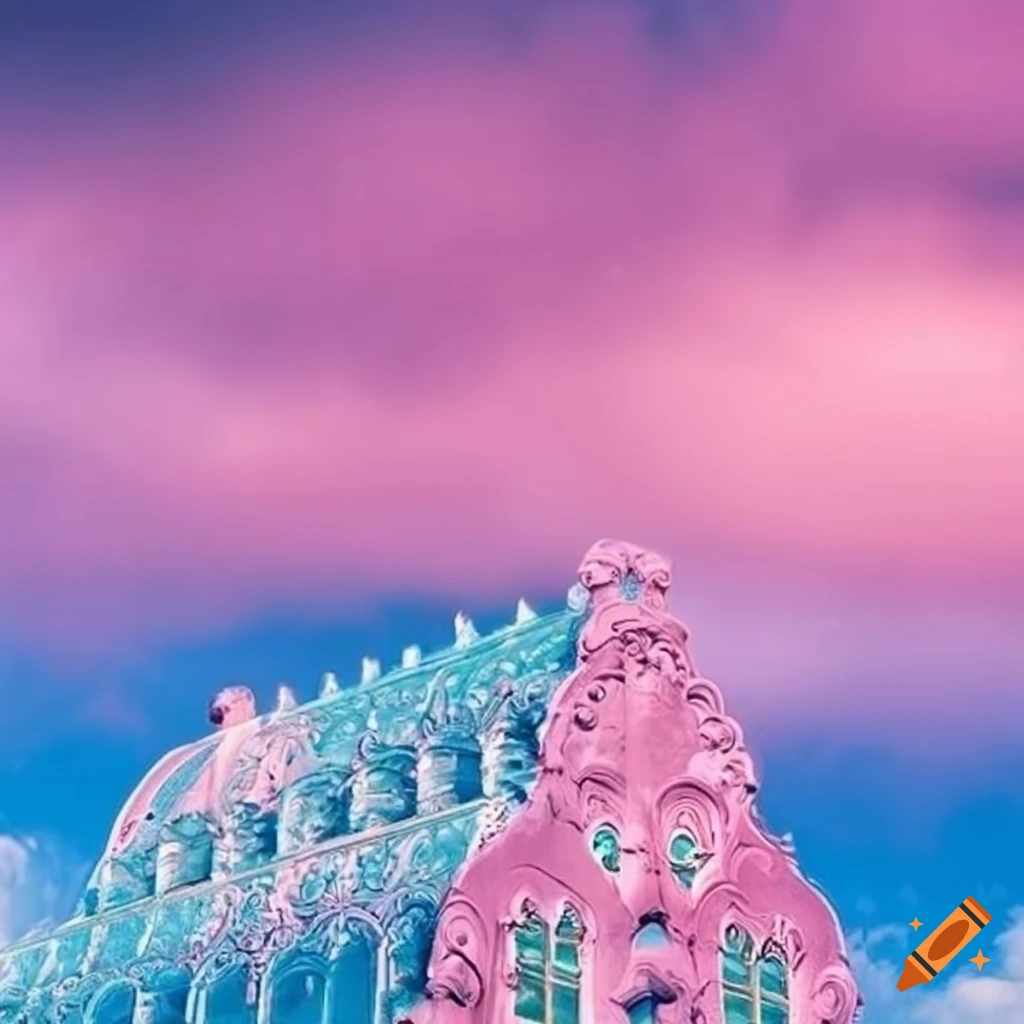Rococo glass facade with lovely pink sky in a paradise setting