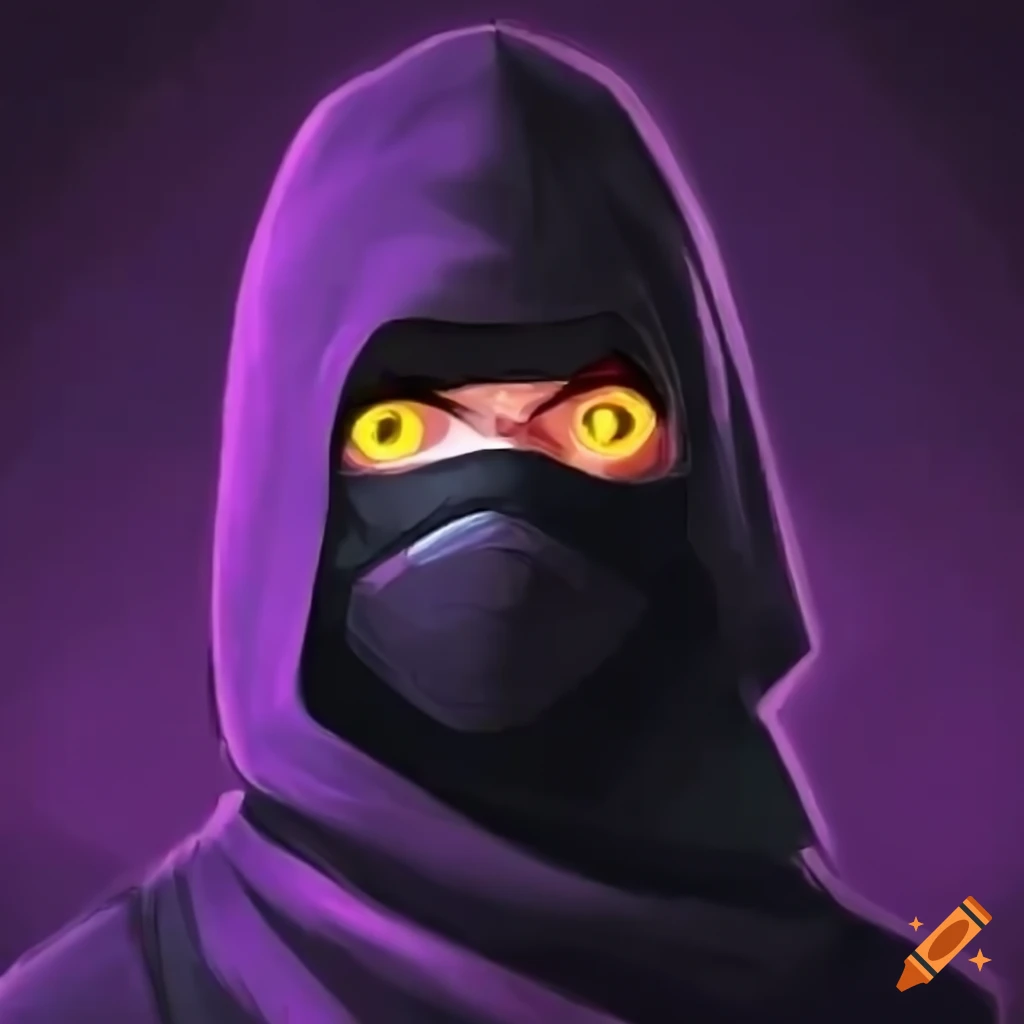 Short ninja with glowing purple eyes and aura, wearing black ninja suit ...