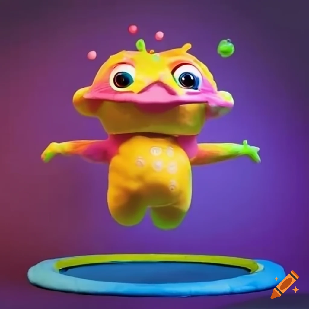 Happy puffy creature bouncing on a trampoline in a colorful toy store
