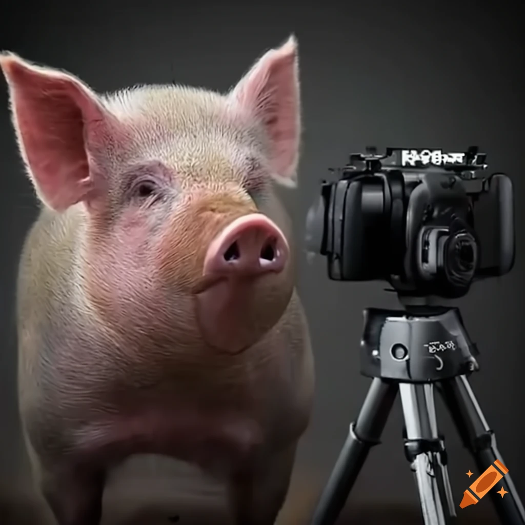 Curious pig looking at video camera with tripod