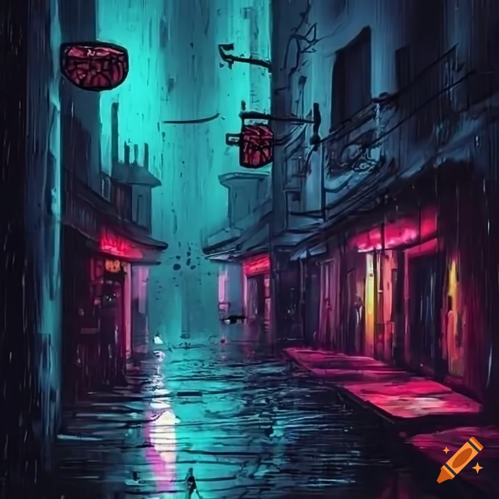 Neon-lit alley in the rain