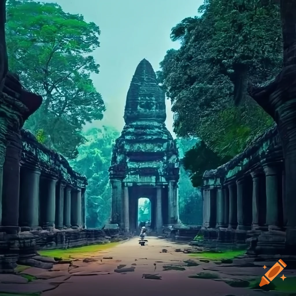 Dusk over the temples of Angkor with a person pausing at a door