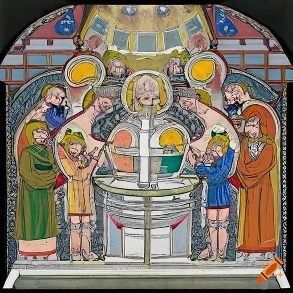 Silver baptismal font with clergymen performing the ceremony