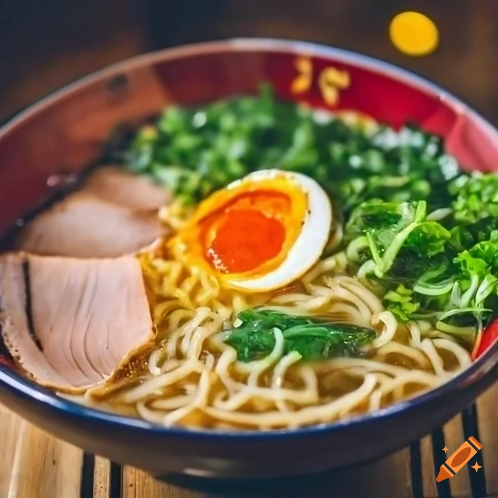 High quality professional photo of vibrant ramen on a wooden table