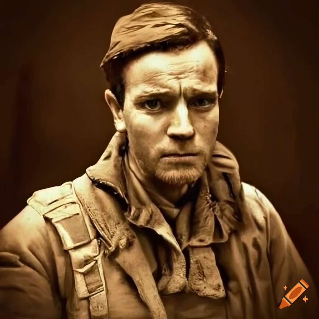 Sepia portrait of Ewan McGregor as a British pilot in World War II