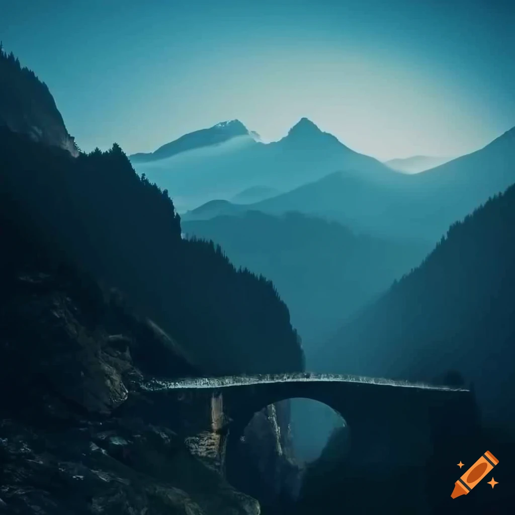Stone bridge between misty mountains on Craiyon