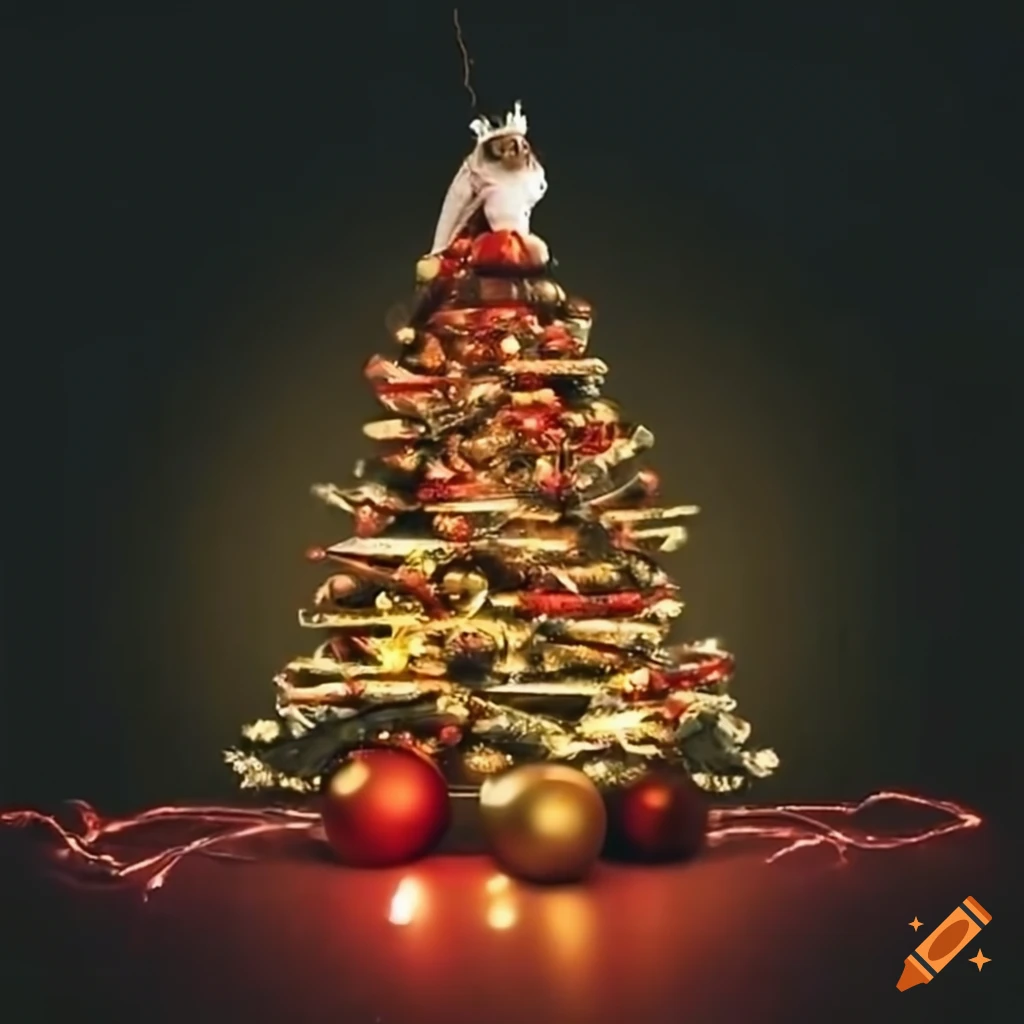 Christmas tree with a cat on top, lights and baubles on Craiyon