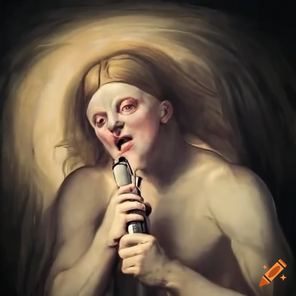 Person singing karaoke in the style of William Blake