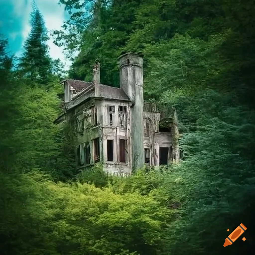 Derelict mansion surrounded by lush foliage and towering trees