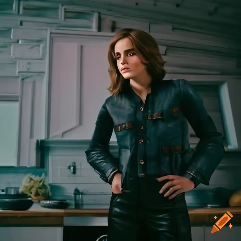 Young woman in country plaid shirt and high-waist black leather trousers standing in farmhouse kitchen