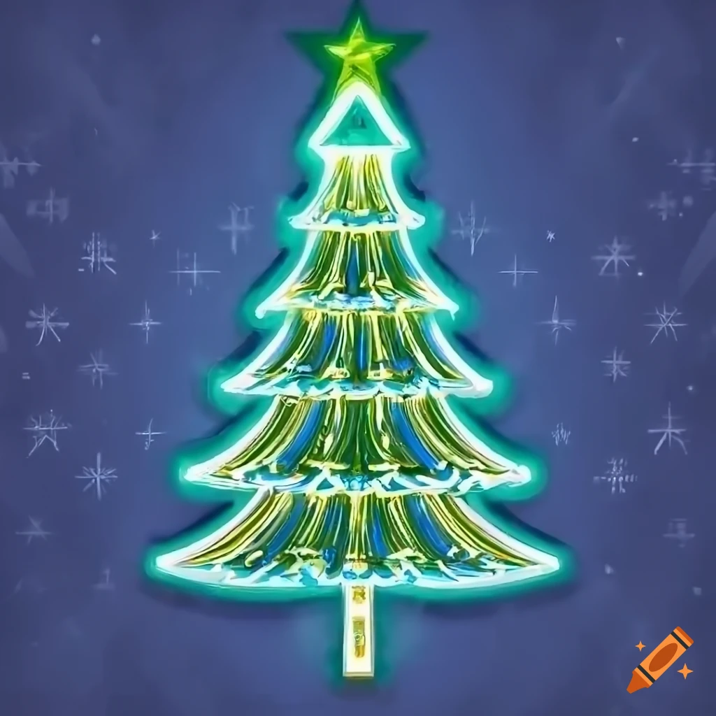 Art deco style white christmas tree with green and yellow lights