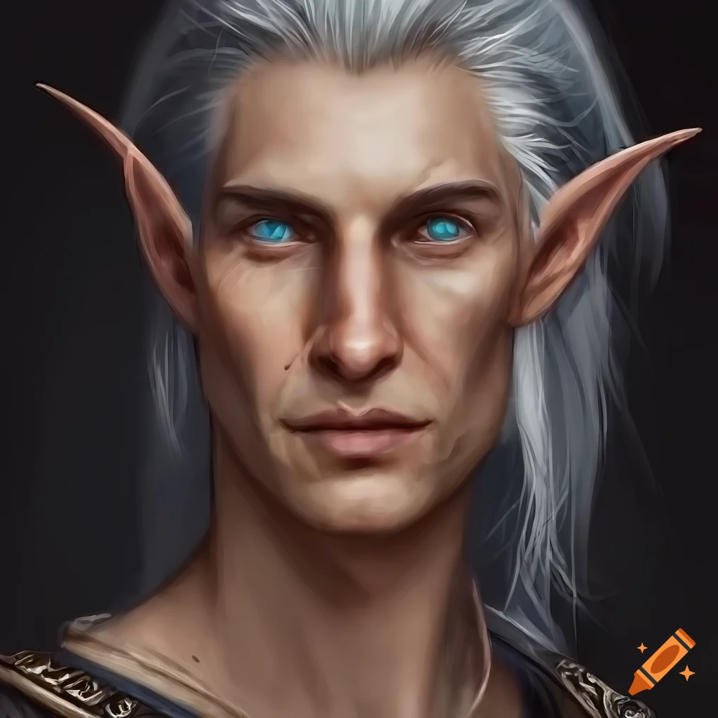 Front-facing portrait of a middle aged male high elf with tan skin ...