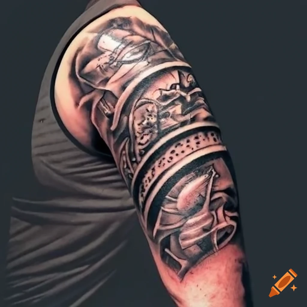 Black and white half sleeve tattoo inspired by cleveland browns, harry  potter, and xbox on Craiyon