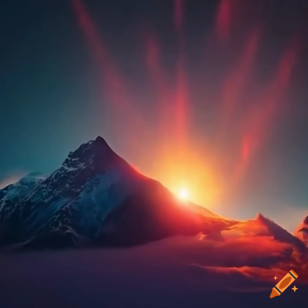 Sun rising behind snow-covered mountain with stars and nebulae in the ...