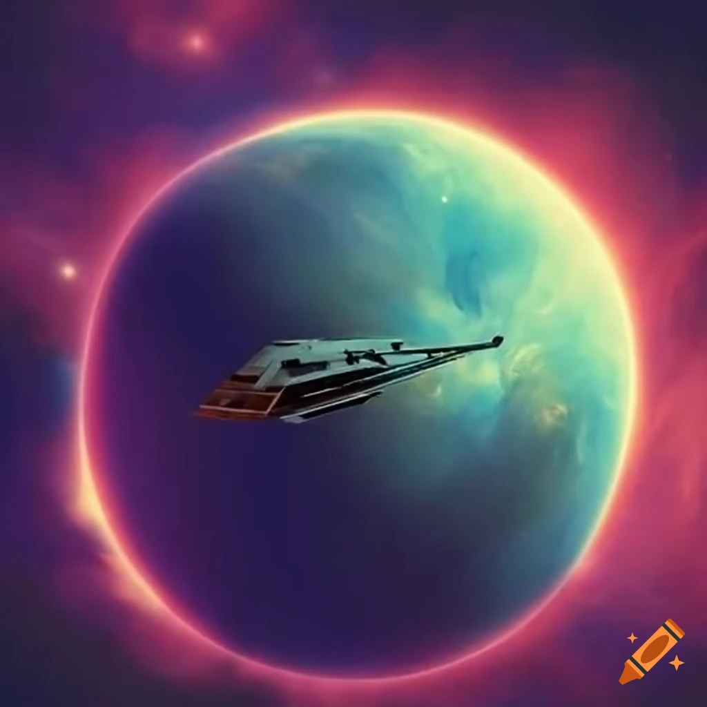 Retro sci-fi spaceship in a distant alien nebula on Craiyon