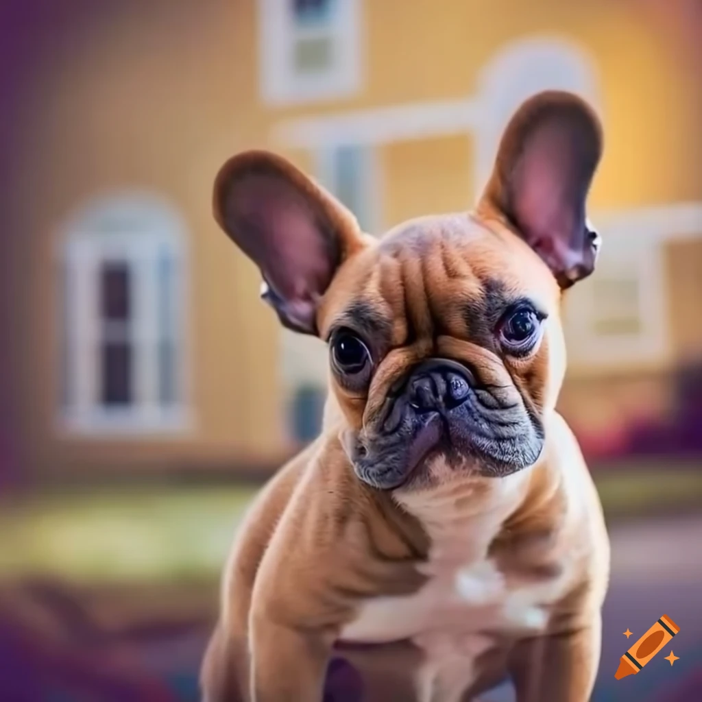 Loyal French bulldog pup in front of a cozy suburban home