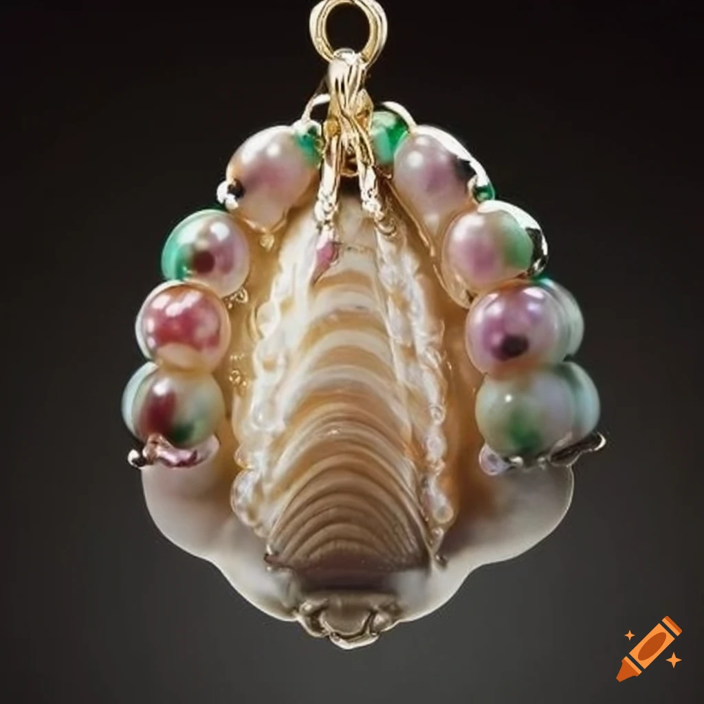 Beautiful clam amulet with 9 pearls