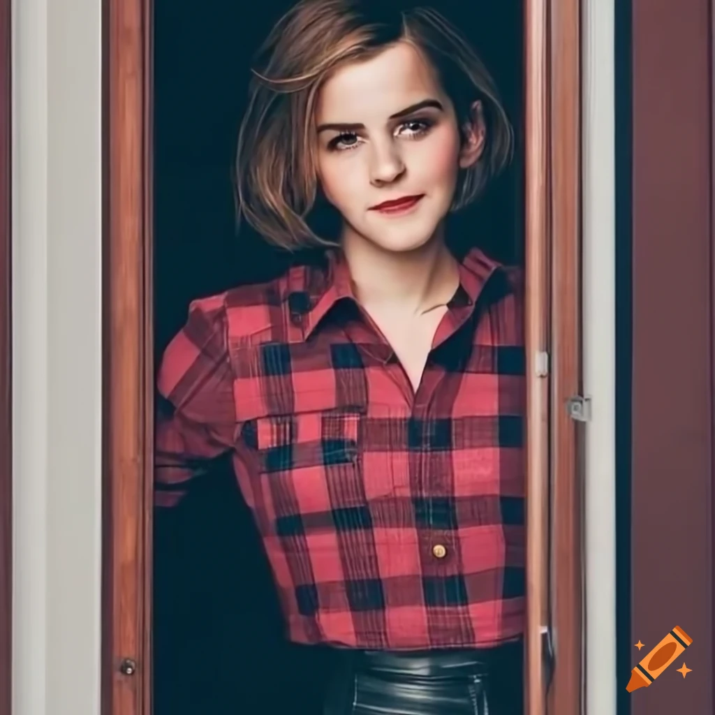 Young woman in country plaid shirt and high-waist black leather trousers peeking through door