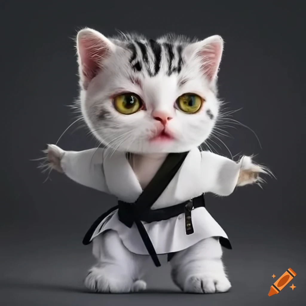 White kitten wearing a karate suit