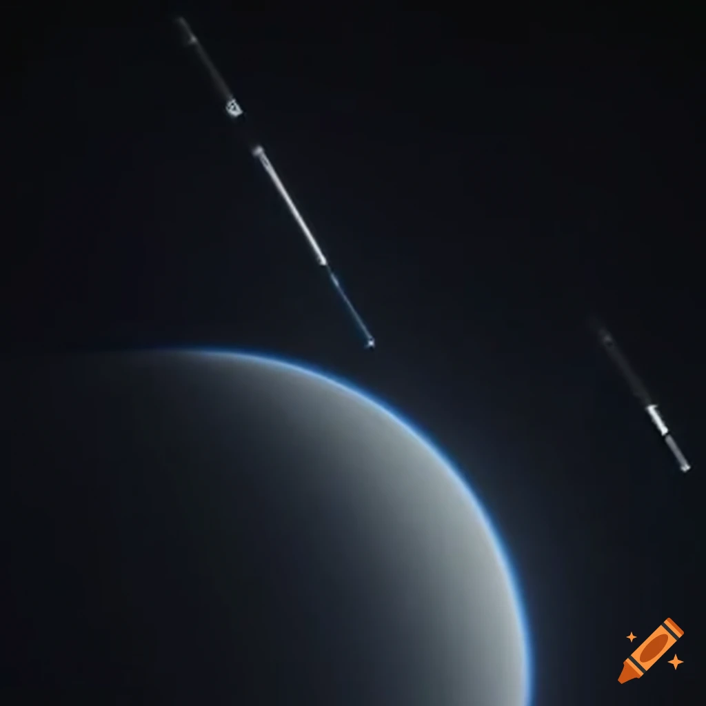 Satellite launching tungsten rods from the iss with white smoke trail