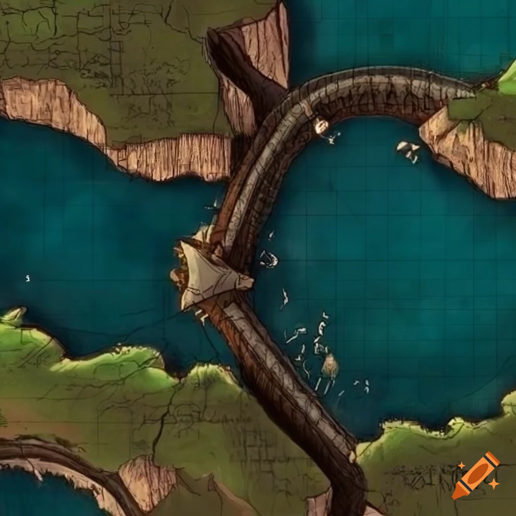 Dnd battlemap of canyon with rope bridges between steep cliffs on Craiyon