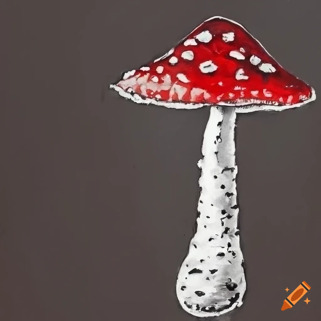 Fly amanita with a mustache in black, red, and white ink drawing