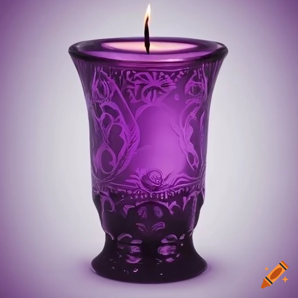Tall candle in dark purple etched glass holder on white background