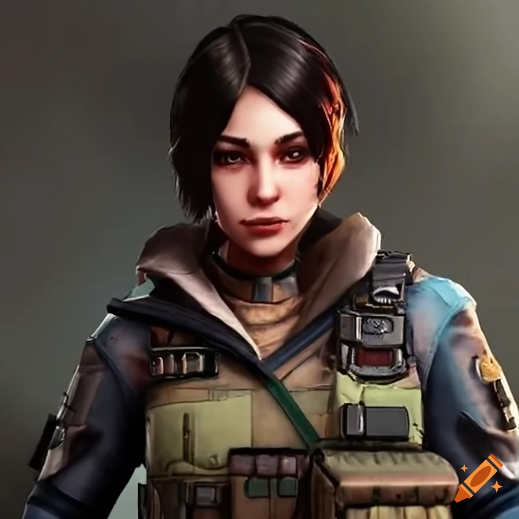 Girl with dark wavy hair in call of duty style uniform smiling at ...