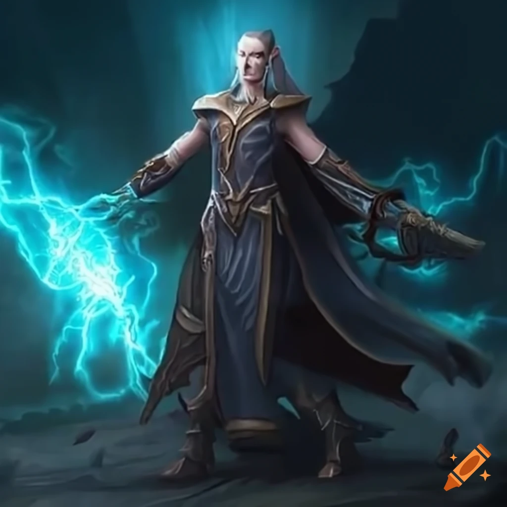 Male elf sorcerer casting lightning bolts in battle on Craiyon