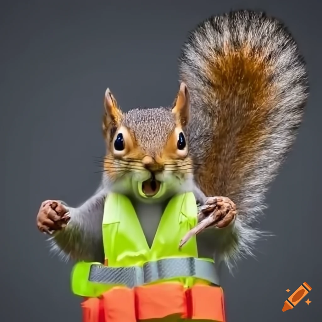Squirrel in hard hat and reflective vest pointing at a clock on Craiyon