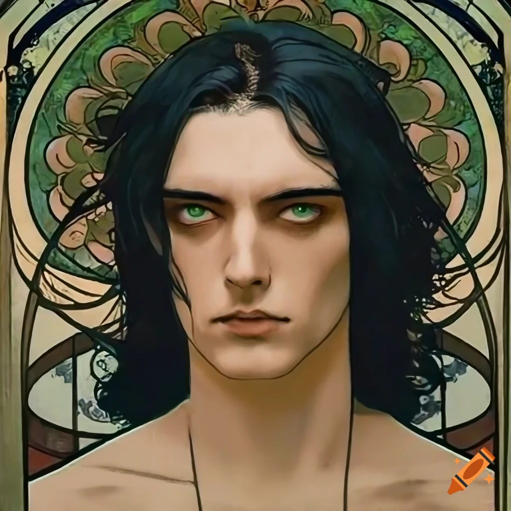 Alphonse mucha inspired poster of a handsome young male with black wavy ...