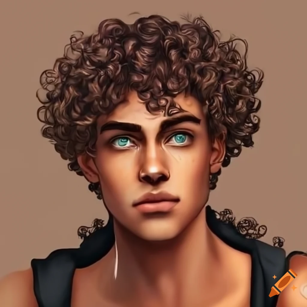 Portrait of a handsome man with warm brown skin, curly bronze hair, and