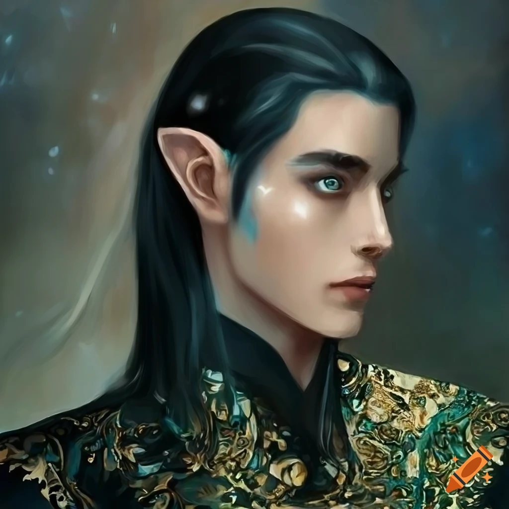 Portrait of a handsome young male elven prince with black flowing hair ...