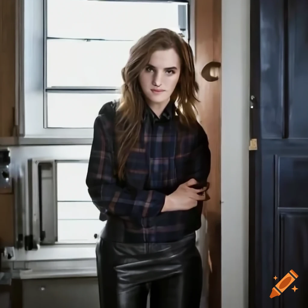 Young woman in country plaid shirt and high-waist black leather trousers peeking through door