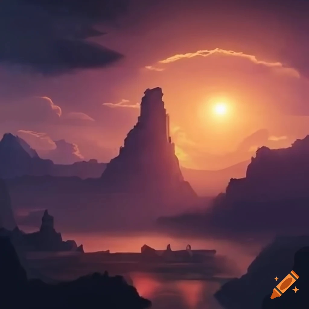 Mountain ruins of an ancient city in a surreal sunset sky on Craiyon