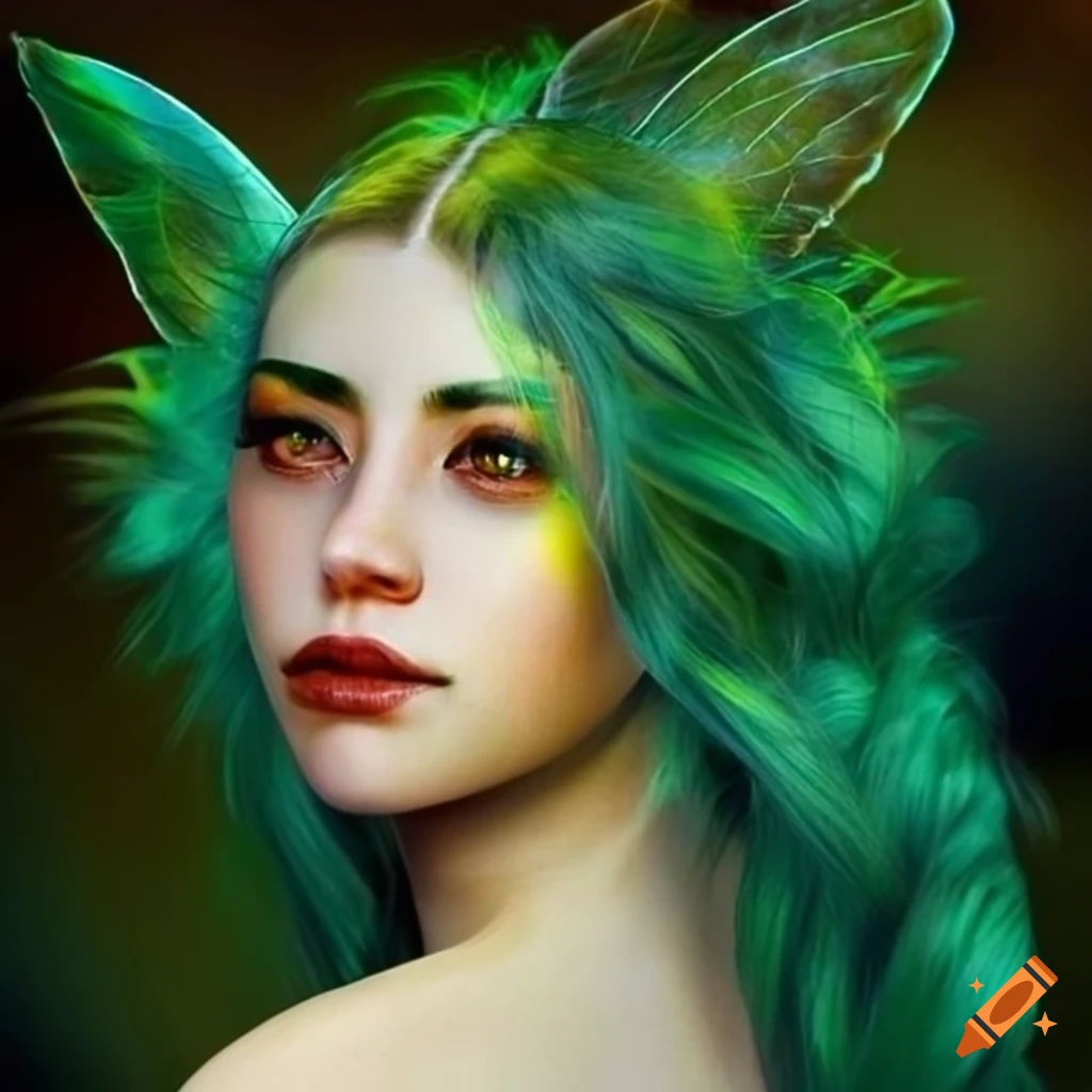 Green hair, gold and white dress, fairy wings, in a 🌴 hyper-realistic ...