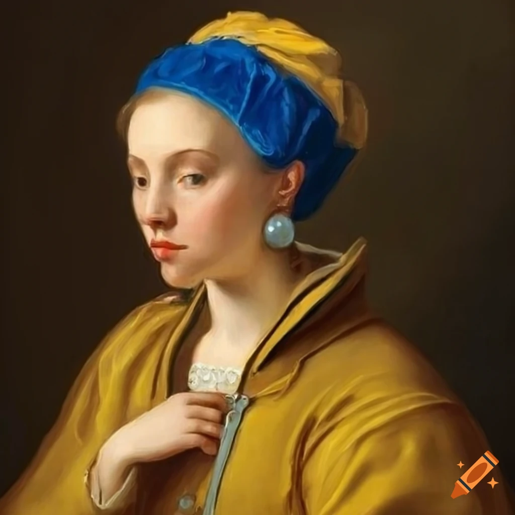 Portrait of a young woman with a blue headband, pearl earring, and