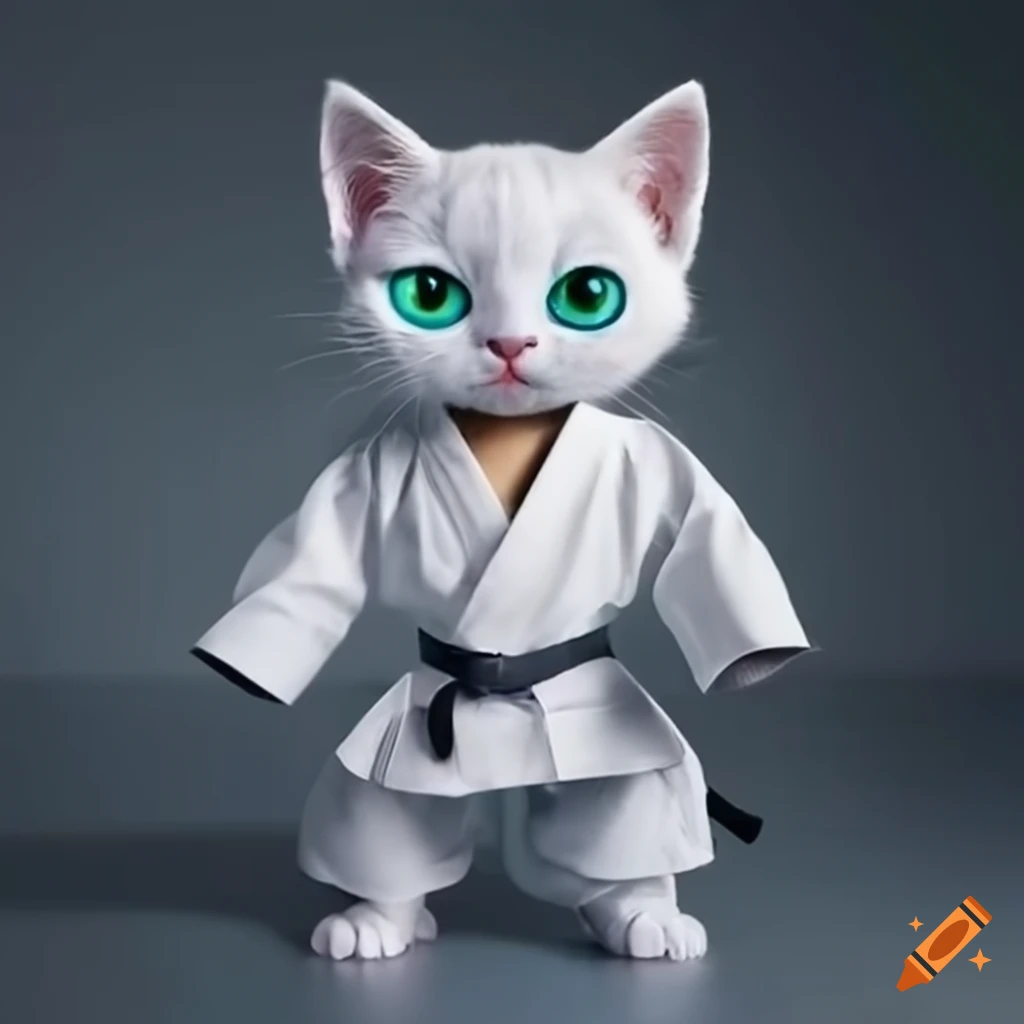 Robot white kitten wearing a karate suit