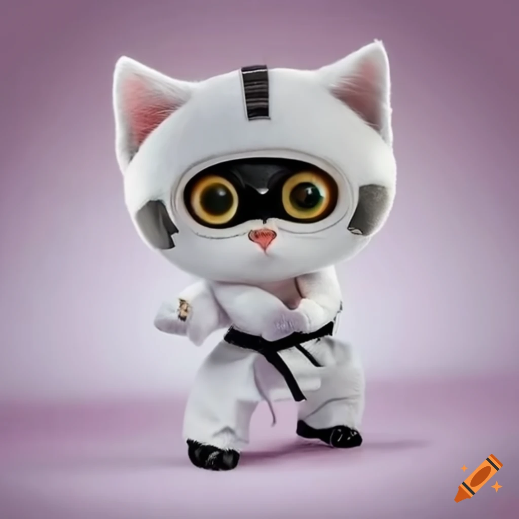 Robot white kitten wearing a karate suit