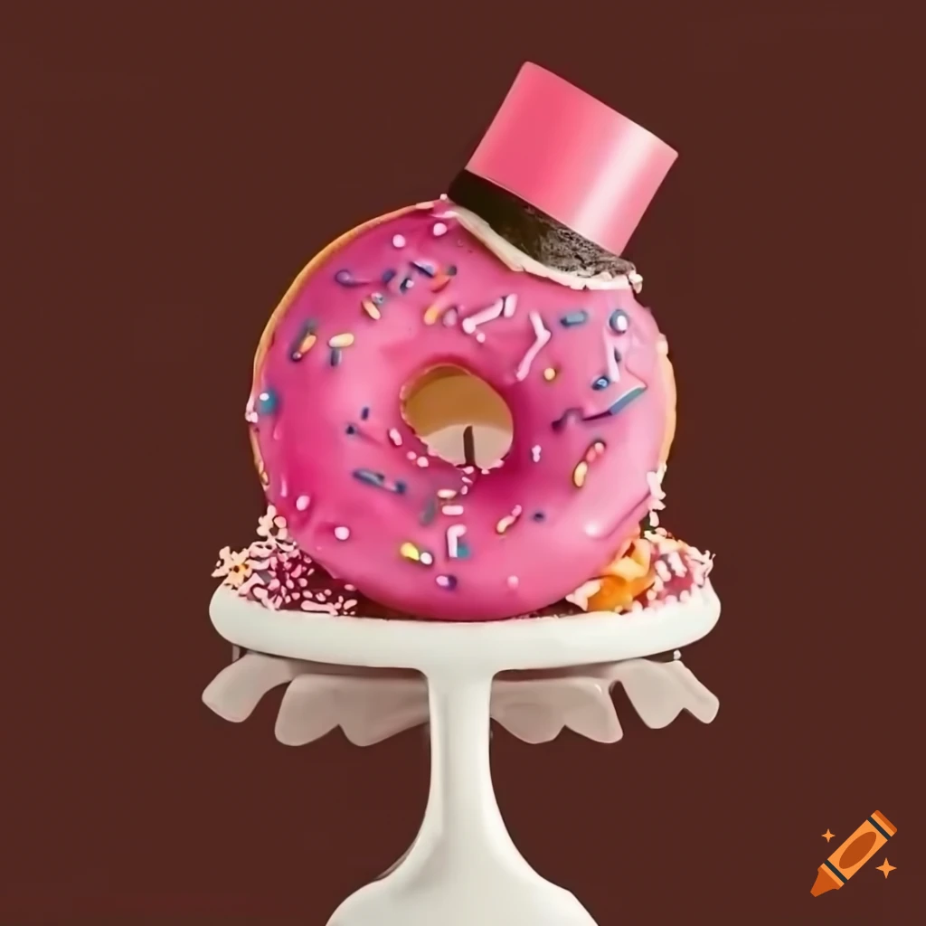 Pink donut with sprinkles on a cake stand with a top hat