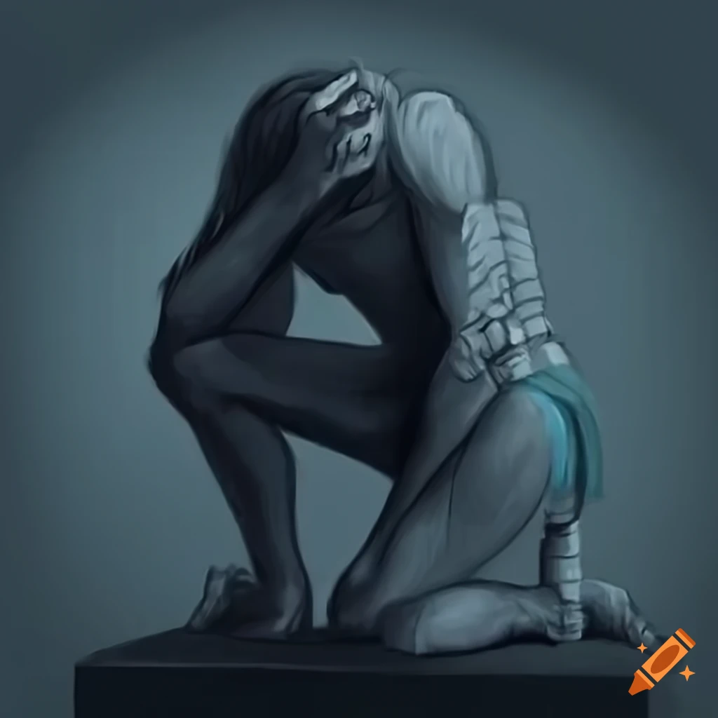 Photo-realistic knight crouching with hands covering eyes on Craiyon