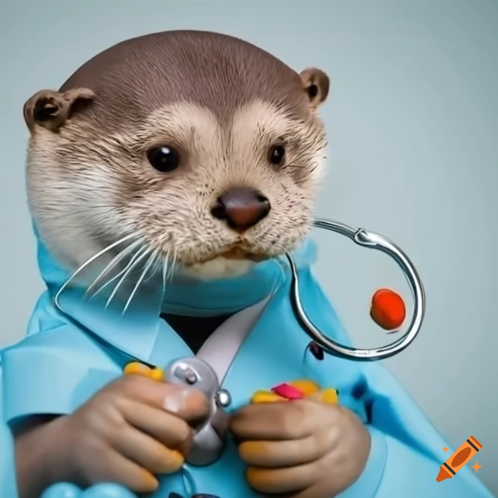 Otter wearing a lab coat and stethoscope playing with a toy animal