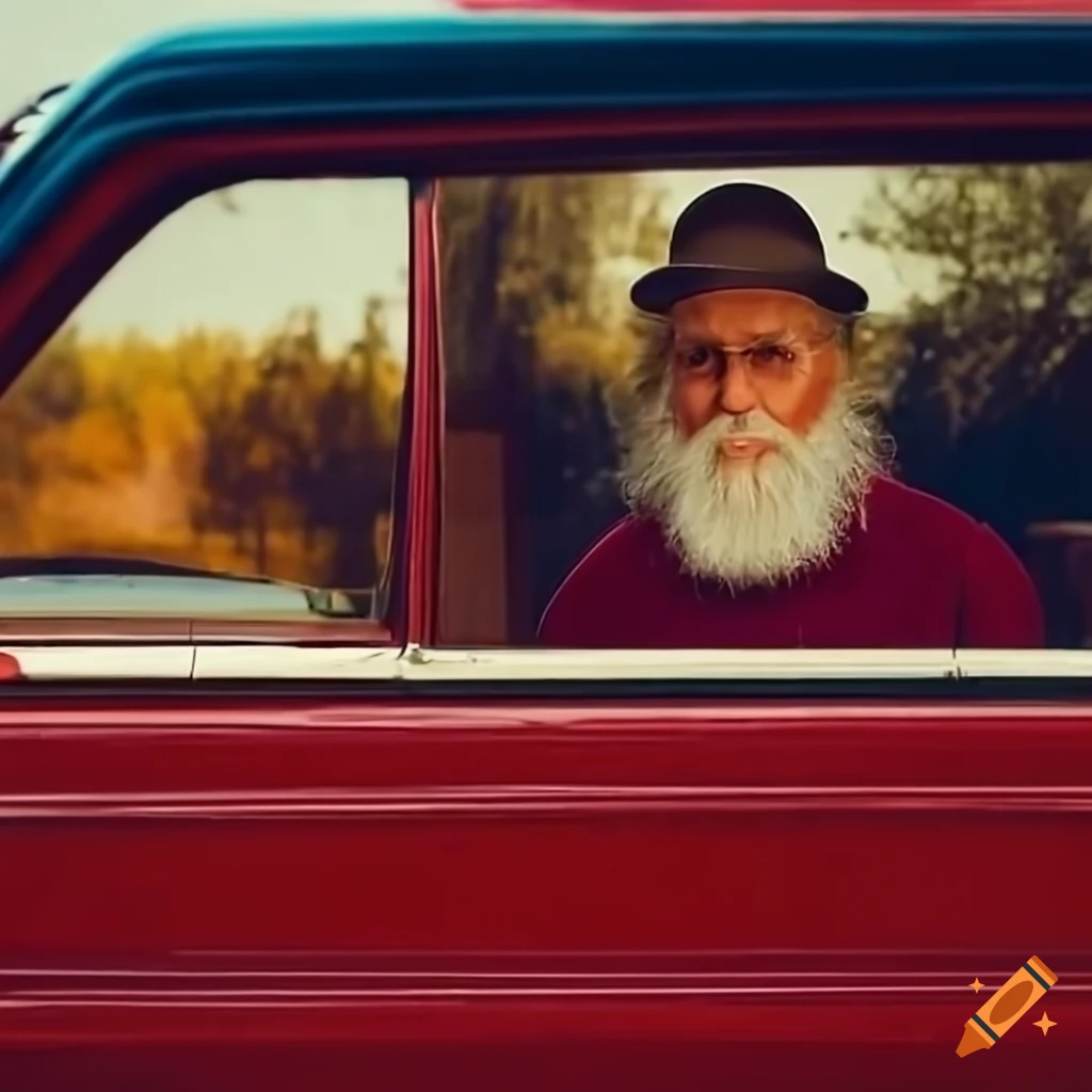 Stylish baritone jazz singer with long gray beard cruising in vintage luxury vehicle through barren landscape